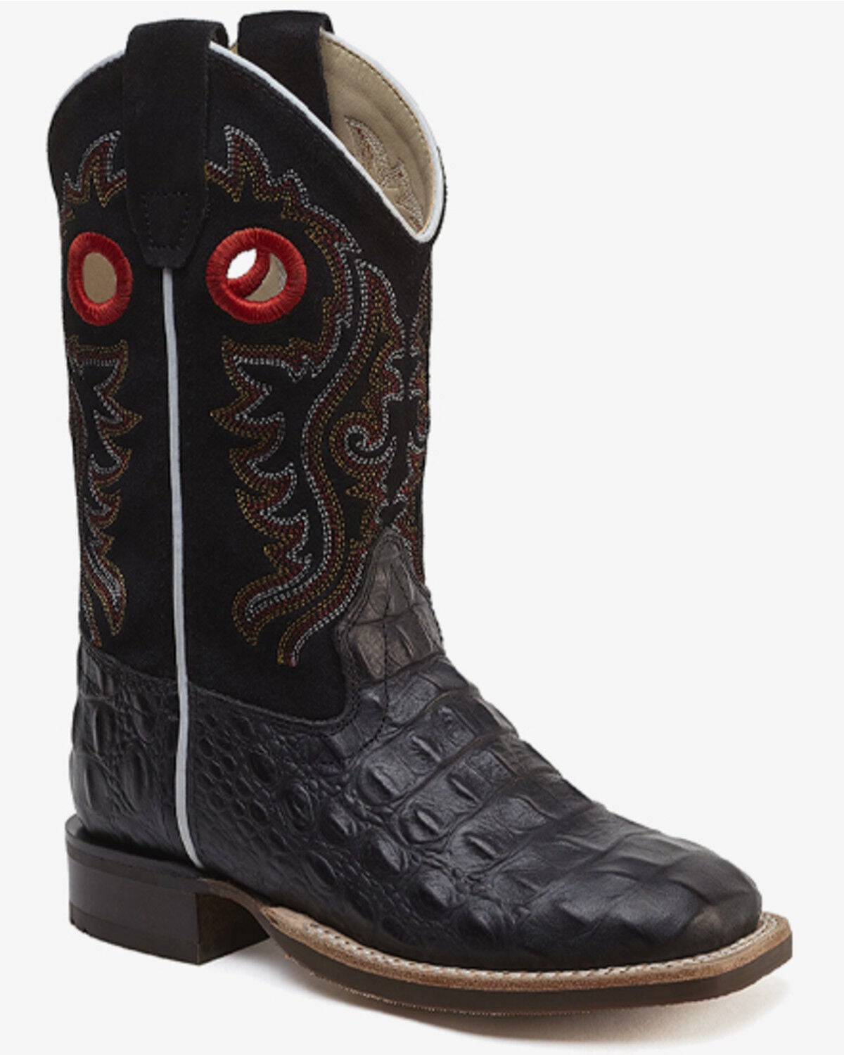 Old West Boys' Caiman Print Western Boots - Broad Square Toe, Black, hi-res