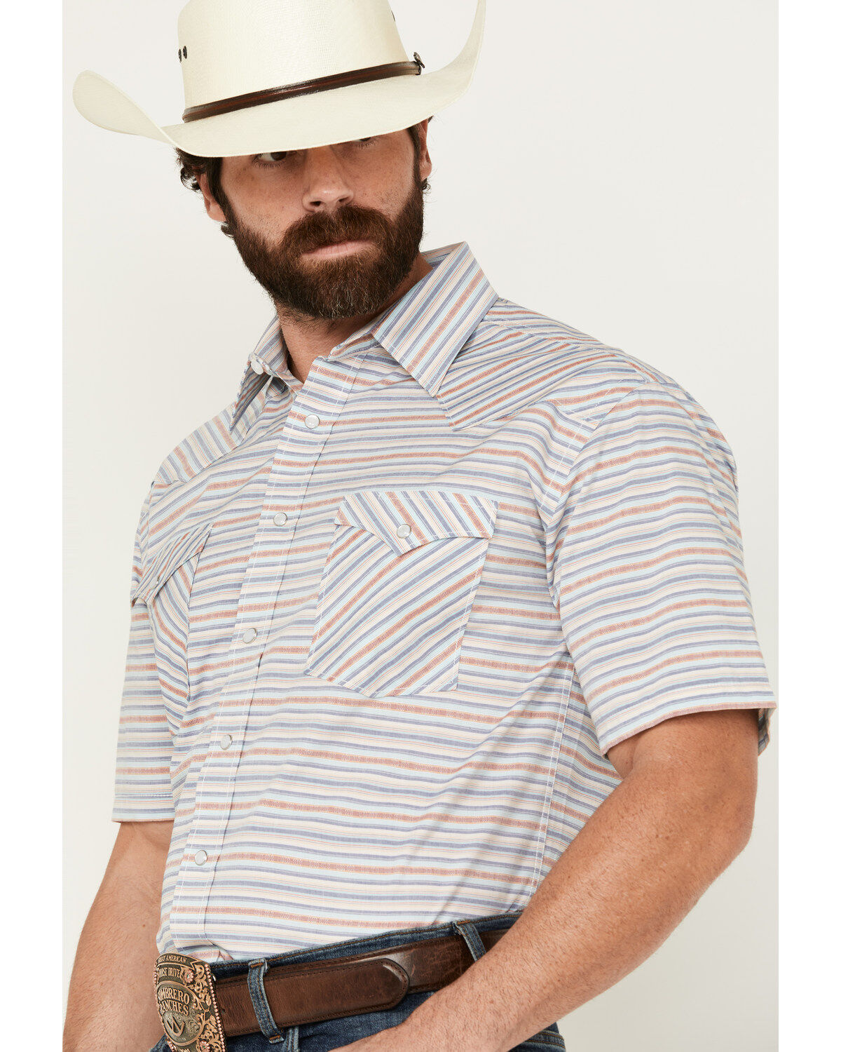 Image #2 - Panhandle Men's Serape Striped Short Sleeve Pearl Snap Western Shirt, Cream, hi-res