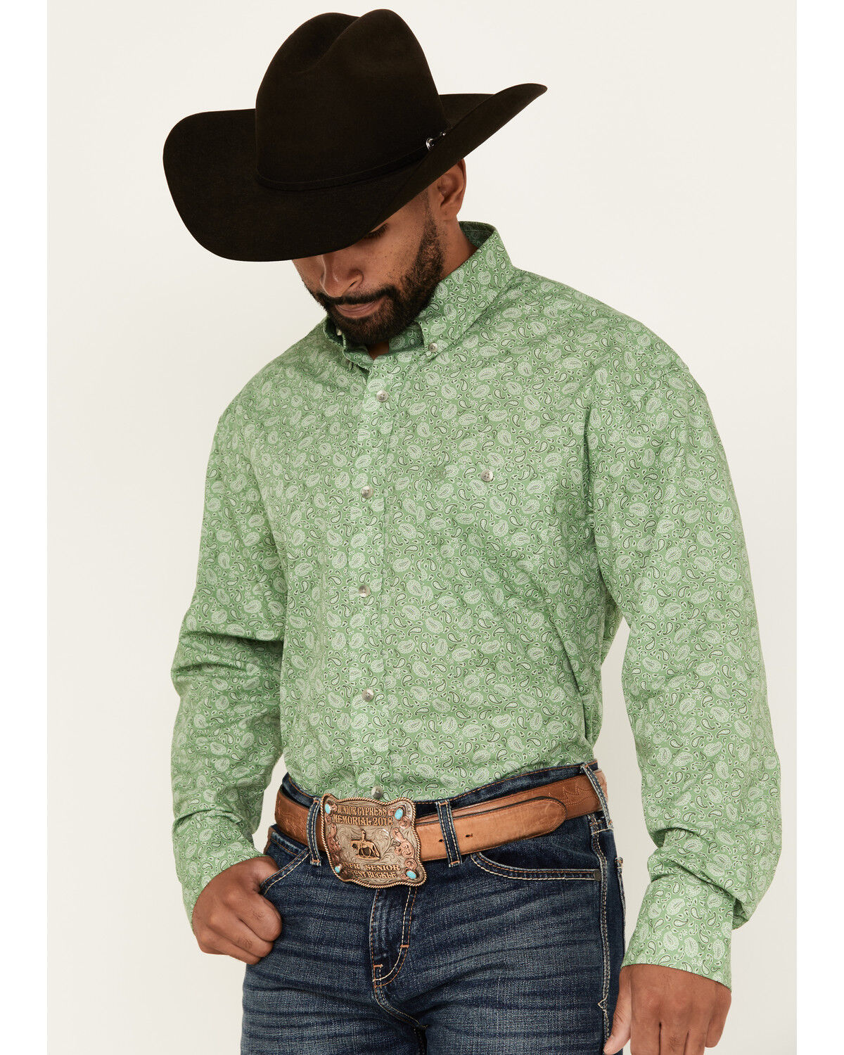 Image #2 - Wrangler Men's Paisley Print Long Sleeve Button-Down Western Shirt, Green, hi-res