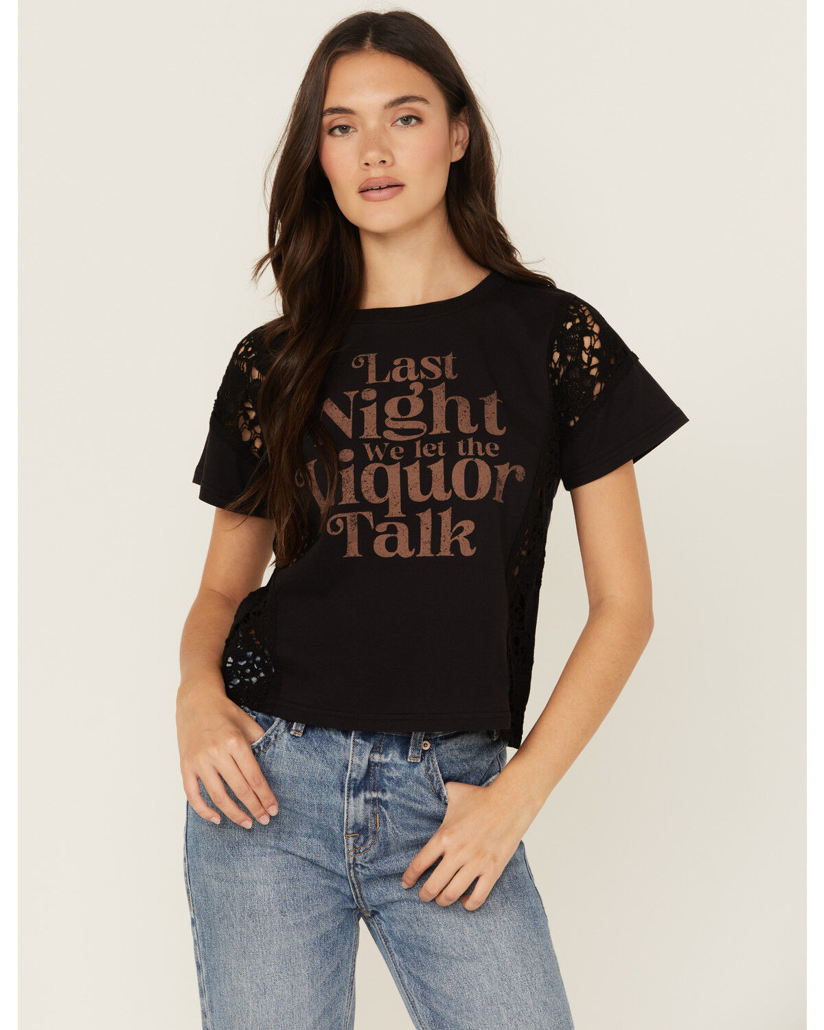 Image #1 - Shyanne Women's Last Night Lace Short Sleeve Cropped Graphic Tee, Black, hi-res