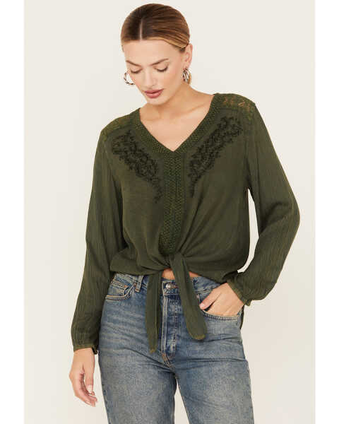 Image #1 - Nostalgia Women's Embroidered Tie Front Long Sleeve Top, Olive, hi-res