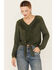 Image #1 - Nostalgia Women's Embroidered Tie Front Long Sleeve Top, Olive, hi-res