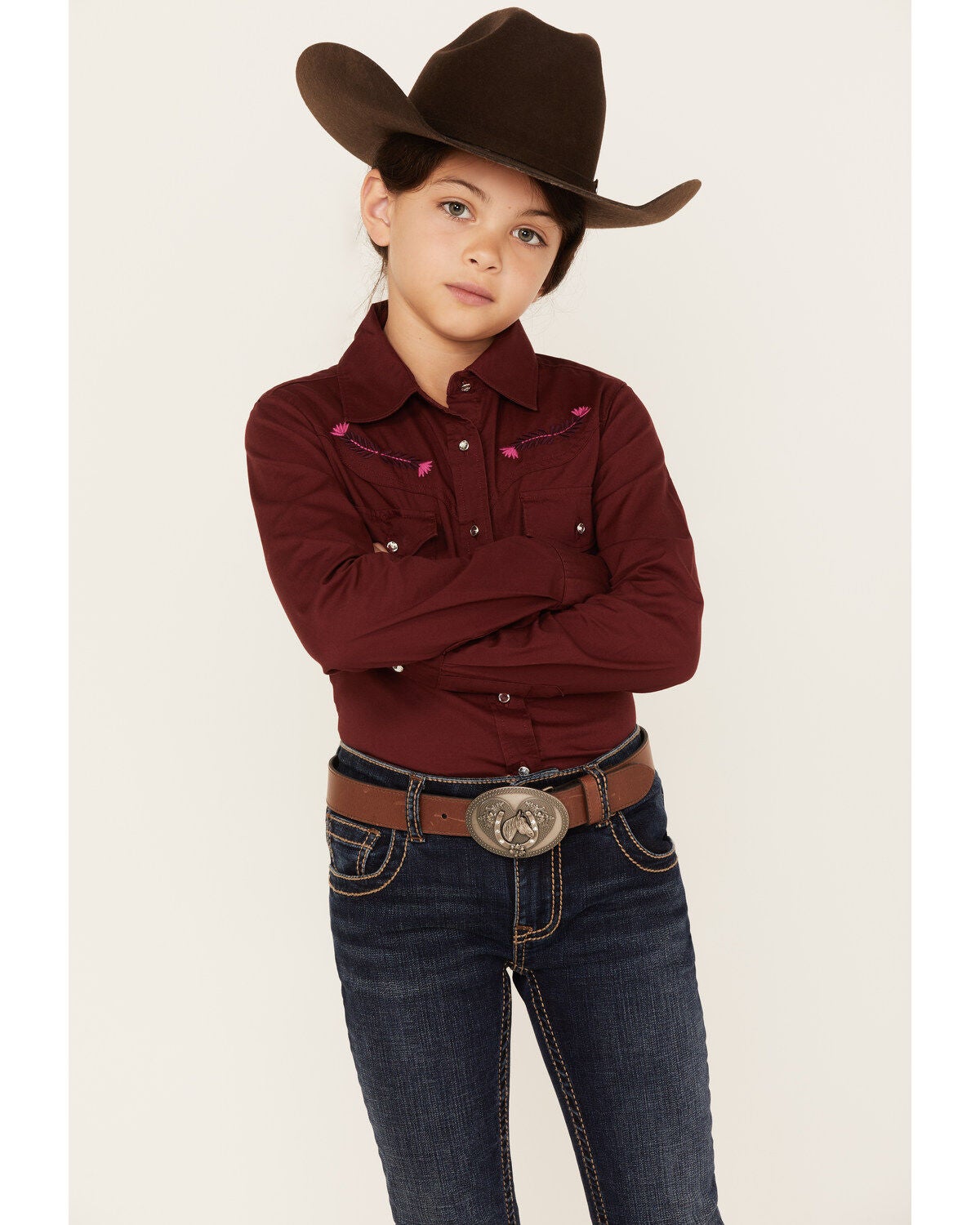 Shyanne Girls' Embroidered Long Sleeve Western Button-Down Shirt, Wine, hi-res