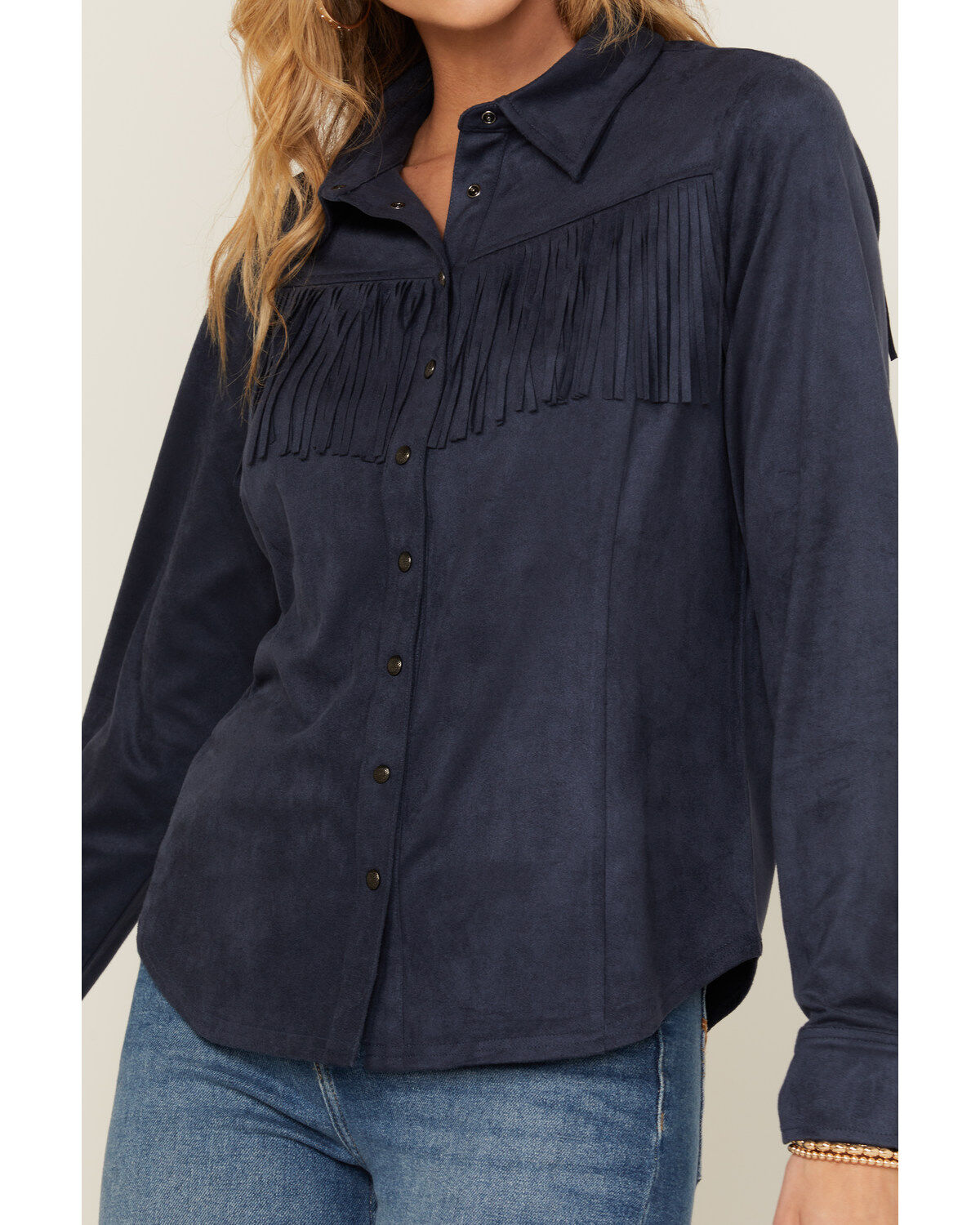 Image #3 - Shyanne Women's Fringe Long Sleeve Snap Western Shirt, Navy, hi-res