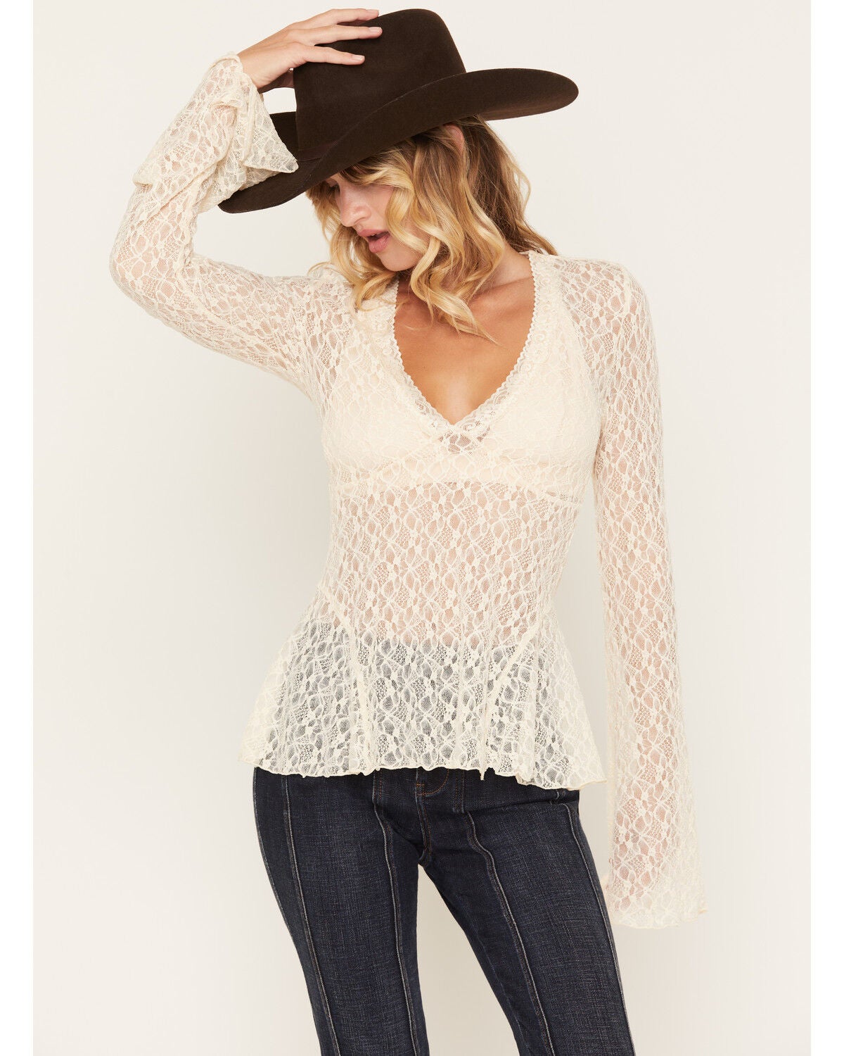 Shyanne Women's Lace Knit Long Sleeve Top, Natural, hi-res