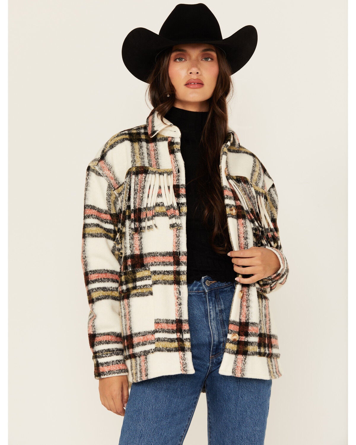 Rock & Roll Denim Women's Plaid Print Fringe Shacket, Natural, hi-res