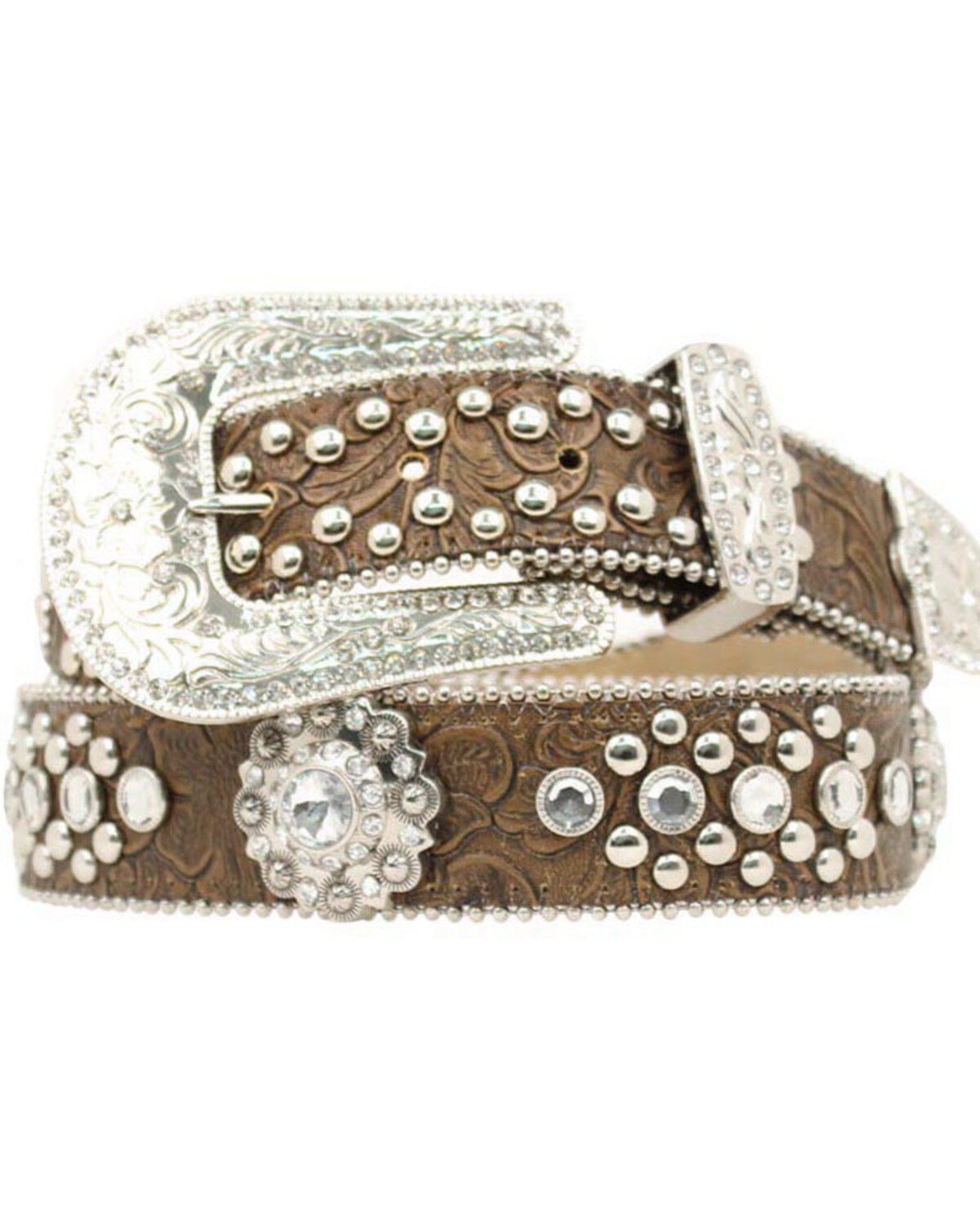 Image #1 - Blazin Roxx Concho Studded Floral Embossed Western Belt, Brown, hi-res