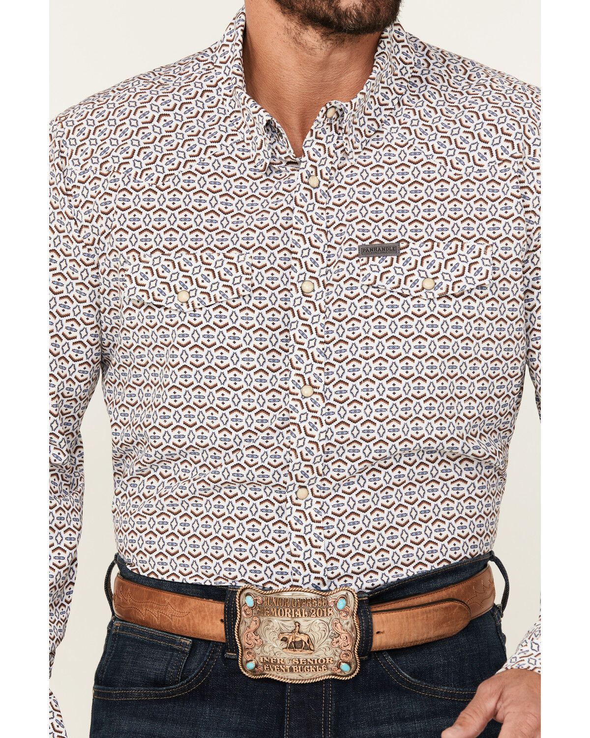 Image #3 - Panhandle Select Men's Southwestern Geo Print Long Sleeve Snap Performance Stretch Western Shirt, White, hi-res