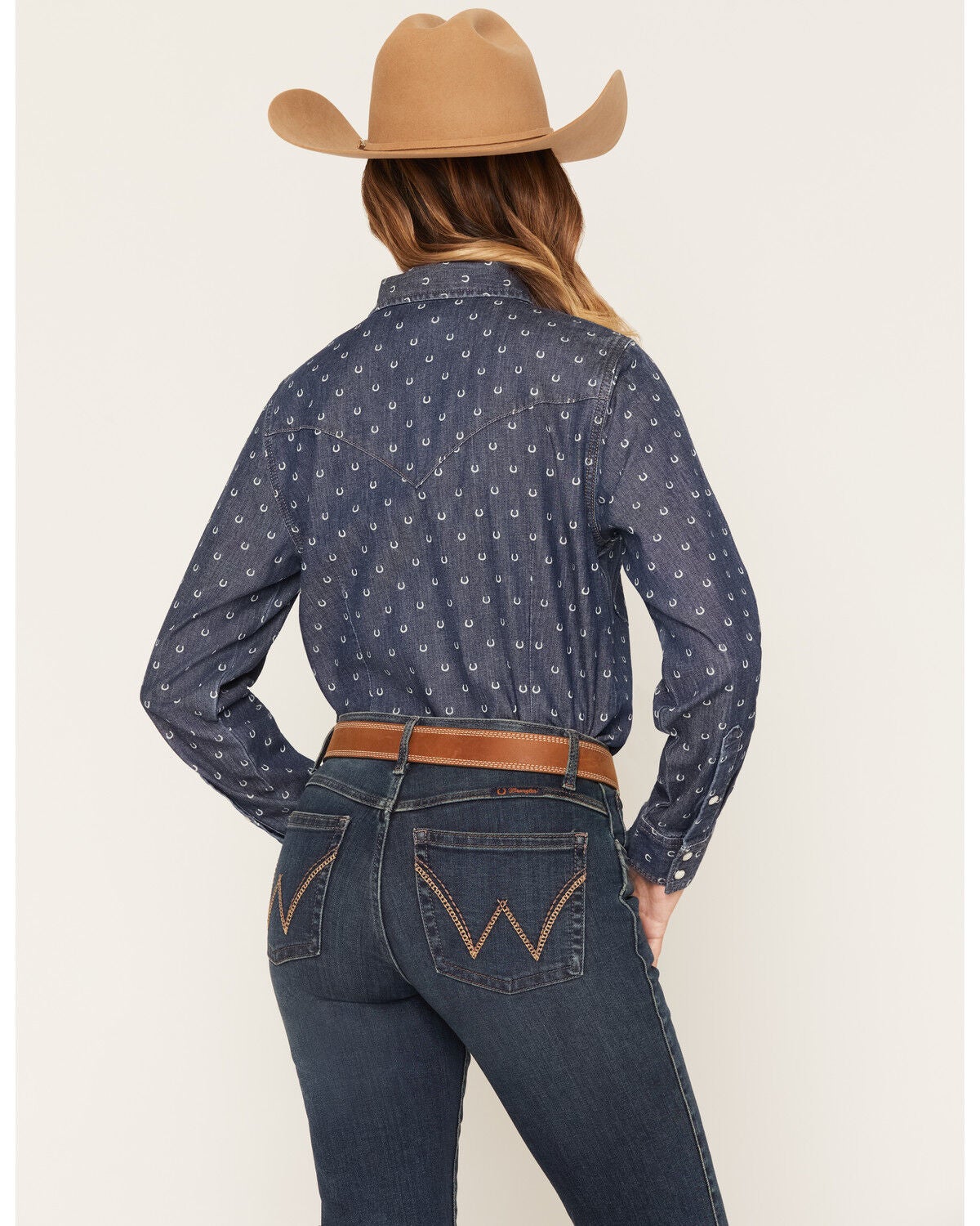 Image #4 - Wrangler Retro Women's Dark Wash Horseshoe Print Denim Long Sleeve Snap Western Shirt, Dark Wash, hi-res