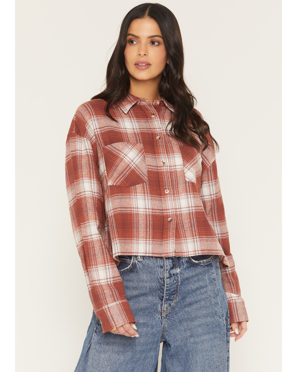 Image #1 - Ely Walker Women's Boot Barn Exclusive Plaid Print Long Sleeve Button-Down Cropped Flannel Shirt, Burgundy, hi-res