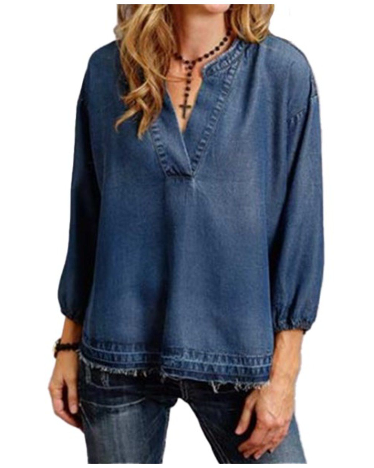 Image #1 - Stetson Women's Denim Tencel 3/4 Sleeve Pesasant Top, , hi-res