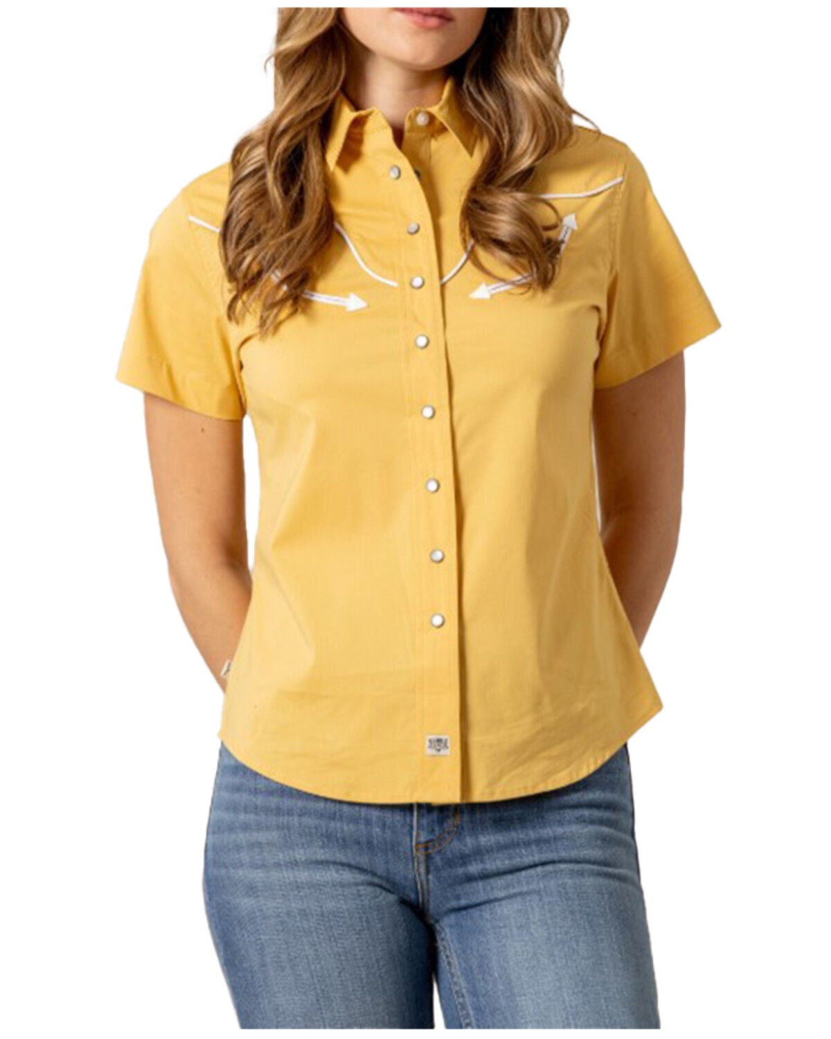 Kimes Ranch Women's Long Horn Short Sleeve Pearl Snap Western Shirt, Gold, hi-res