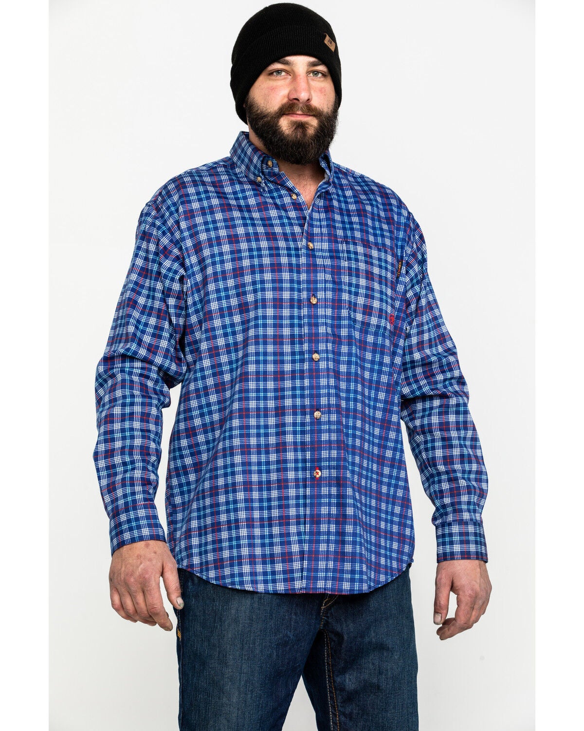 Ariat Men's Collins FR Plaid Print Long Sleeve Button Down Work Shirt - Tall, Blue, hi-res