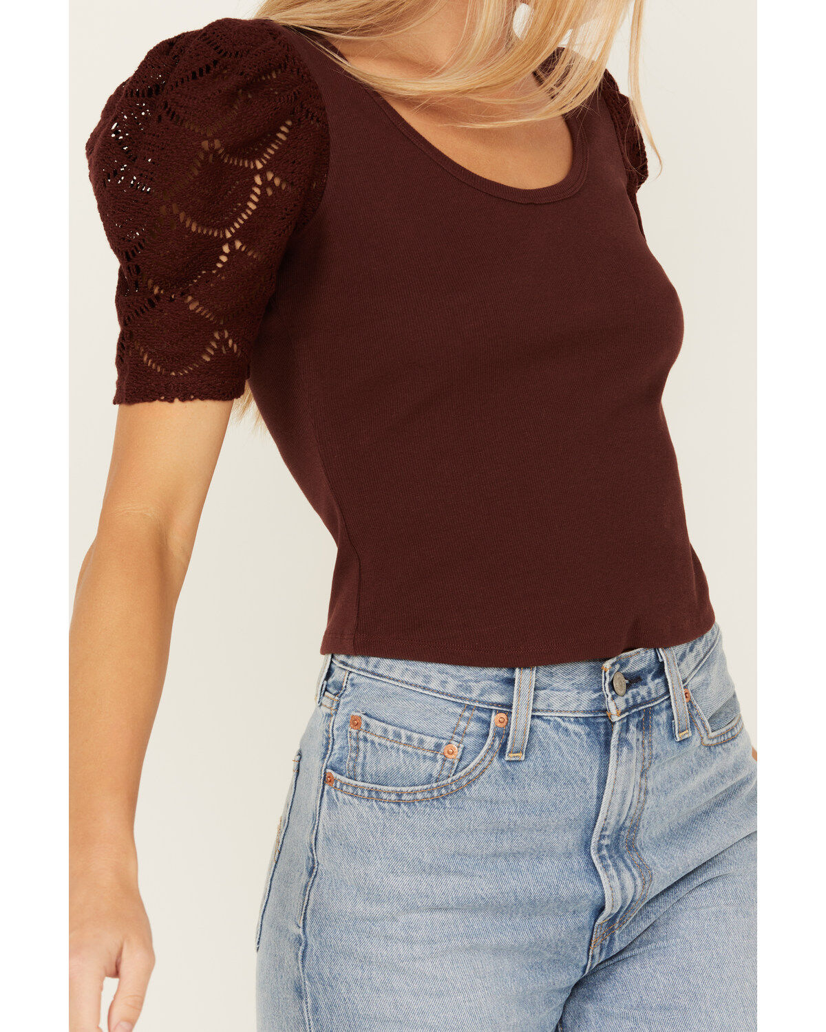 Image #3 - Shyanne Women's Crochet Sleeve Top, Mahogany, hi-res