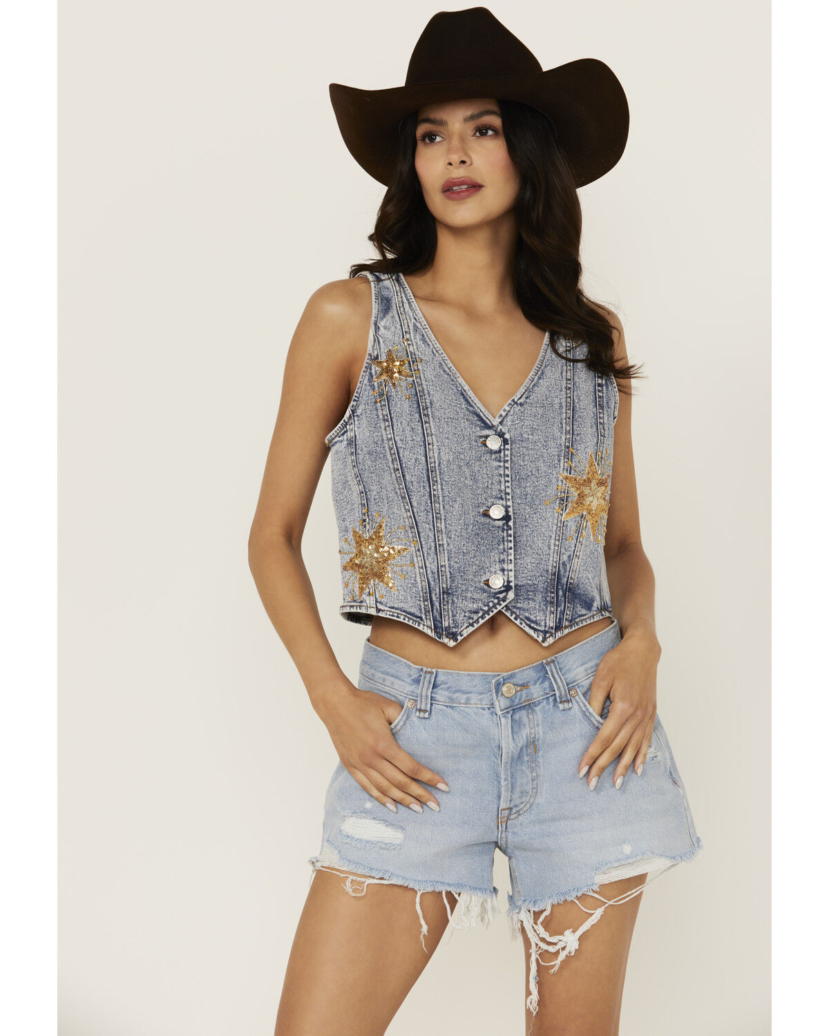 Image #2 - Blue B Women's Star Sequins Denim Vest, Blue, hi-res