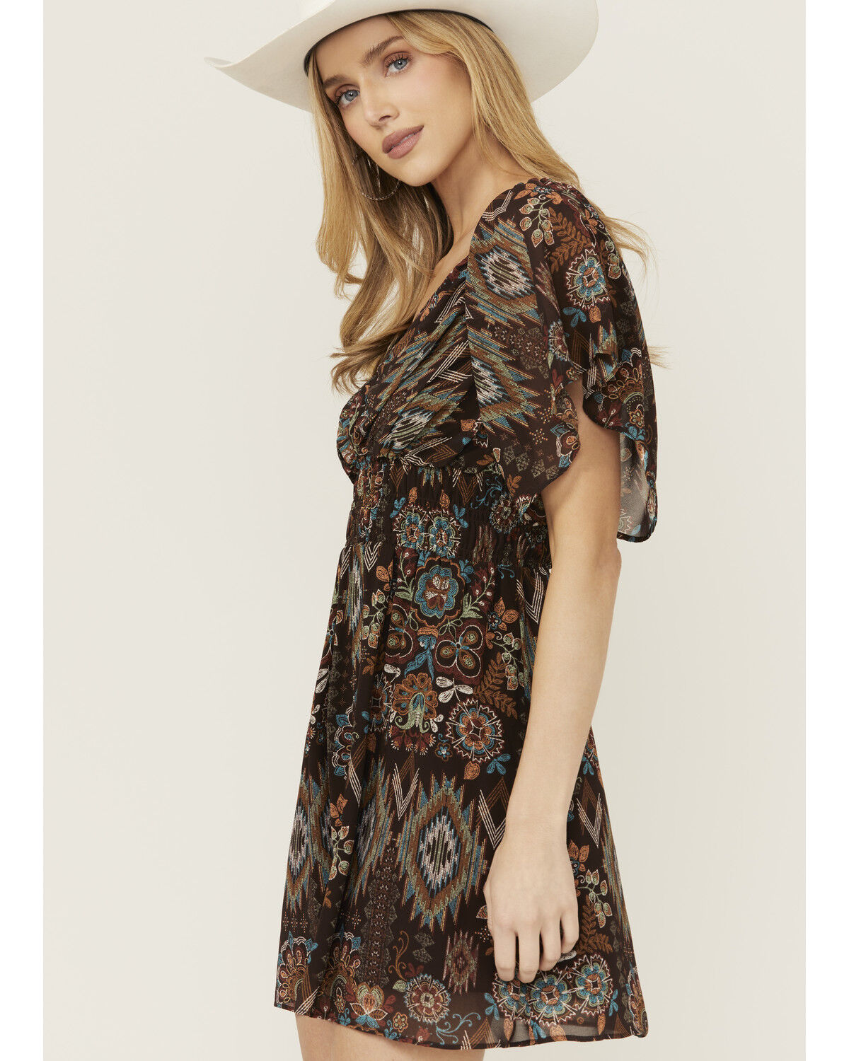 Image #2 - Shyanne Women's Printed Short Sleeve Handkerchief Mini Dress, Dark Brown, hi-res