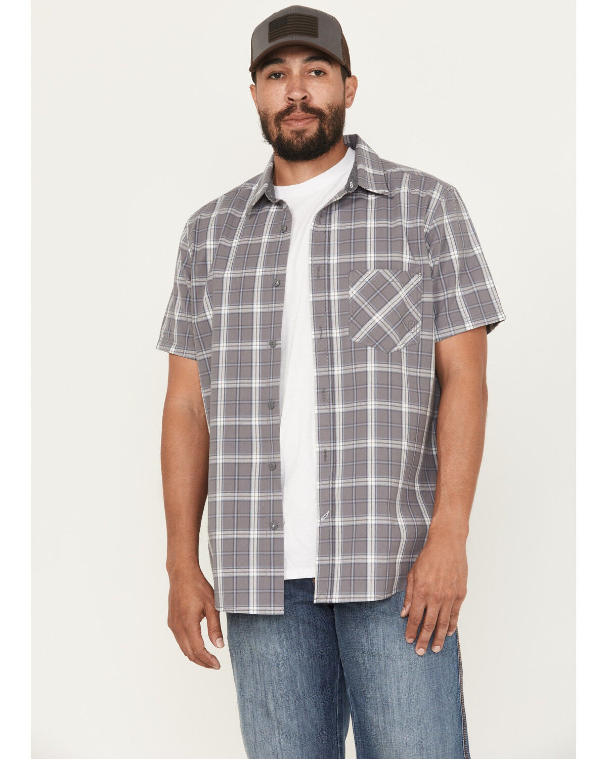 Brothers and Sons Men's Madera Plaid Print Short Sleeve Button-Down Western Shirt, Grey, hi-res