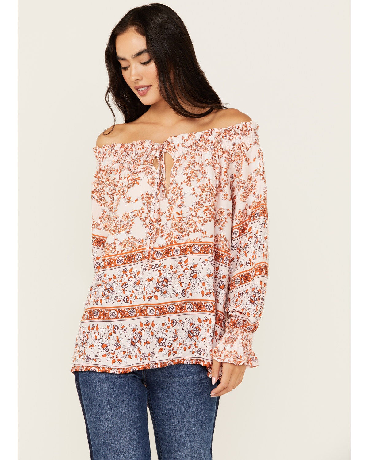 Wild Moss Women's Floral Border Print Off The Shoulder Top, Pink, hi-res