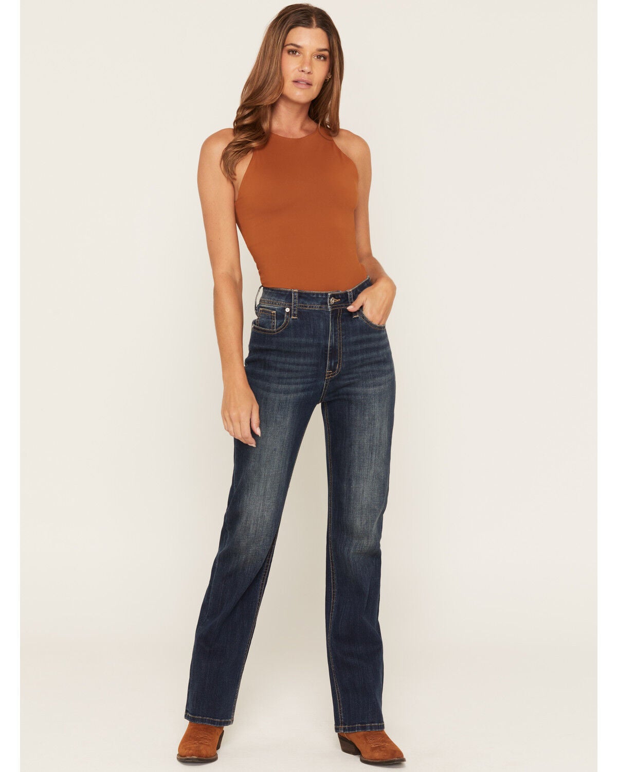 Image #4 - Grace in LA Women's Dark Wash High Rise Howdy Pocket 32" Straight Stretch Denim Jeans, Dark Wash, hi-res