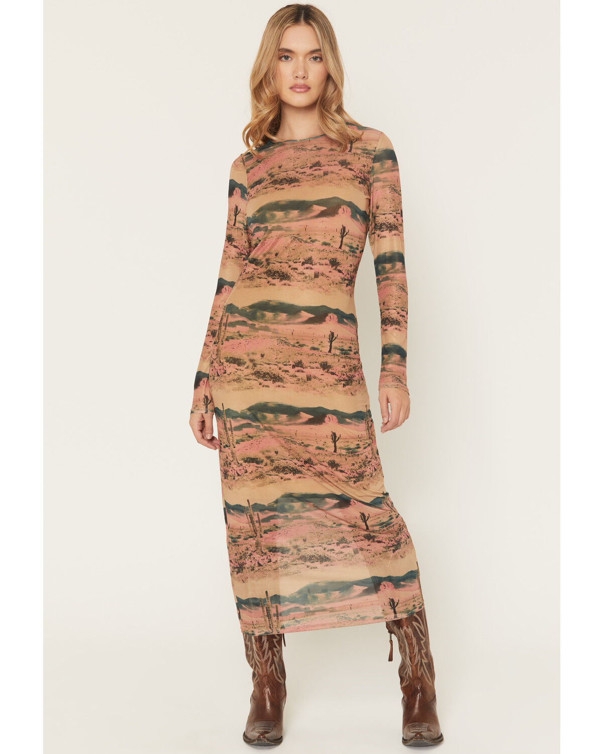 Image #1 - Wrangler Retro Women's Landscape Long Sleeve Mesh Maxi Dress, Mustard, hi-res