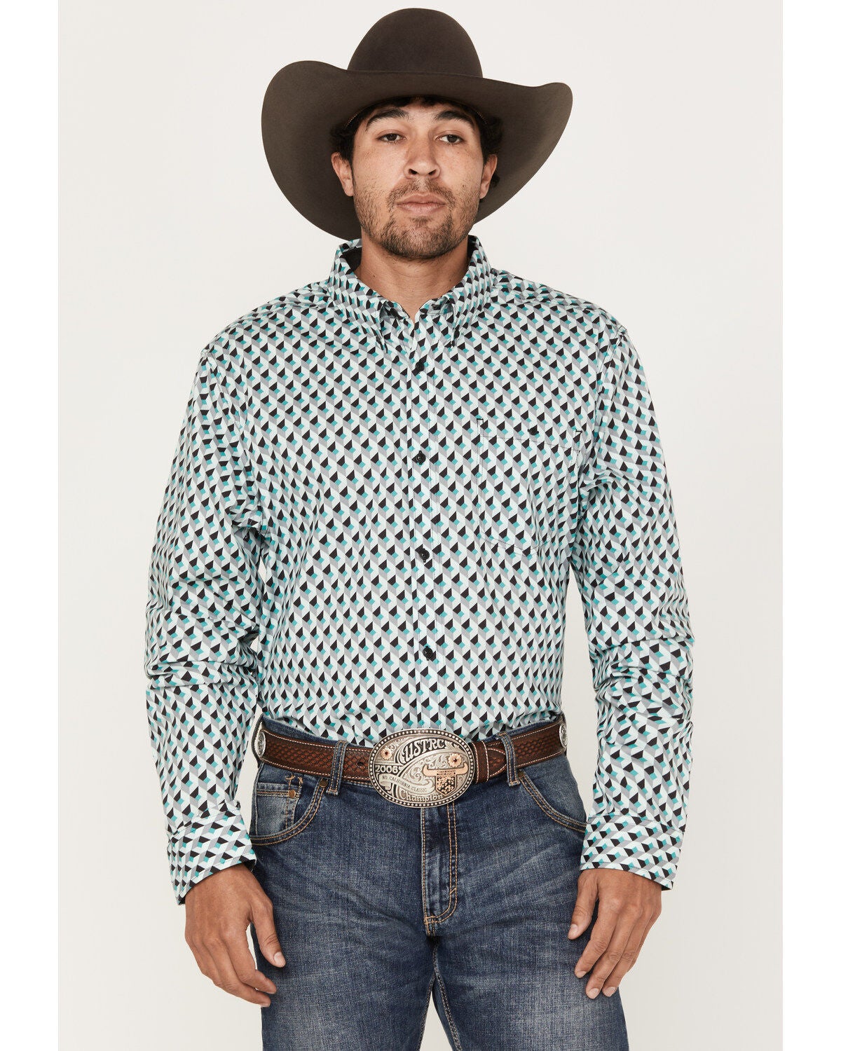 RANK 45&reg; Men's Rampage Geo Long Sleeve Button-Down Western Shirt, Green, hi-res