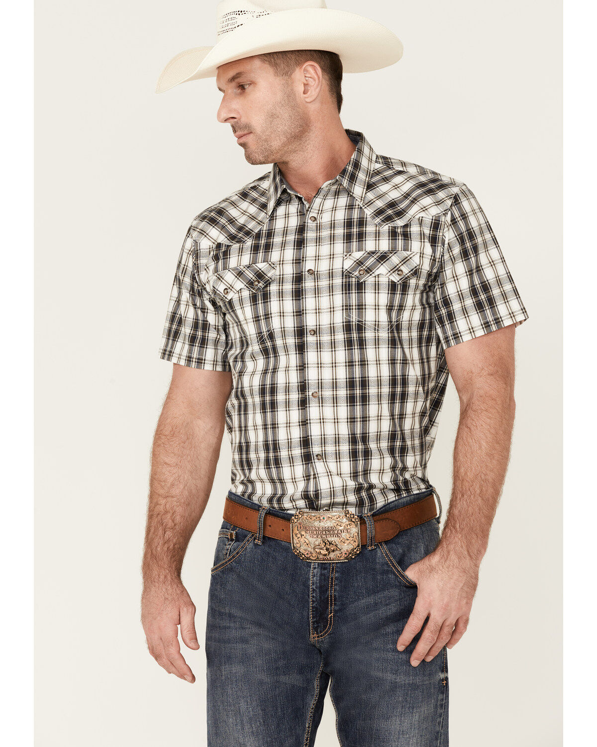 Image #1 - Cody James Men's Statement Dobby Plaid Short Sleeve Snap Western Shirt, White, hi-res