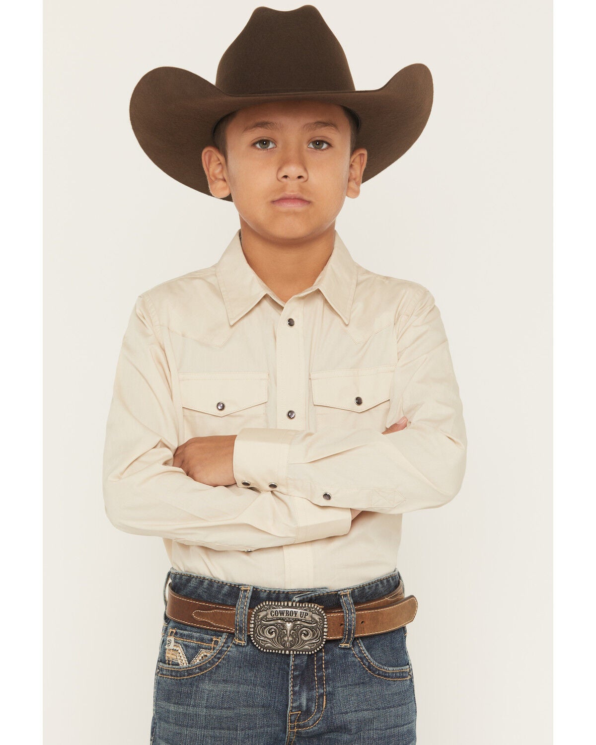 Gibson Trading Co Boys' Solid Basic Long Sleeve Pearl Snap Western Shirt, Tan, hi-res