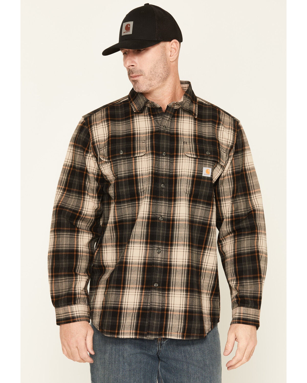 Image #1 - Carhartt Men's Hubbard Loose Fit Heavyweight Plaid Print Long Sleeve Flannel Shirt, Black, hi-res