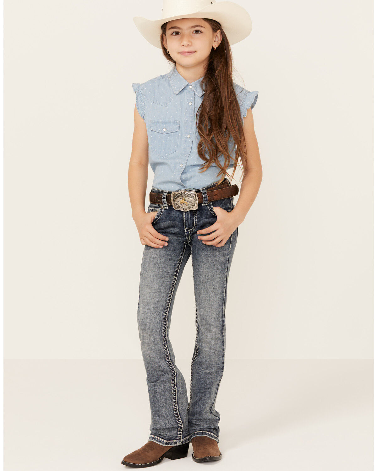 Image #3 - Shyanne Little Girls' Medium Wash Faded Paisley Pocket Stretch Bootcut Jeans, Blue, hi-res