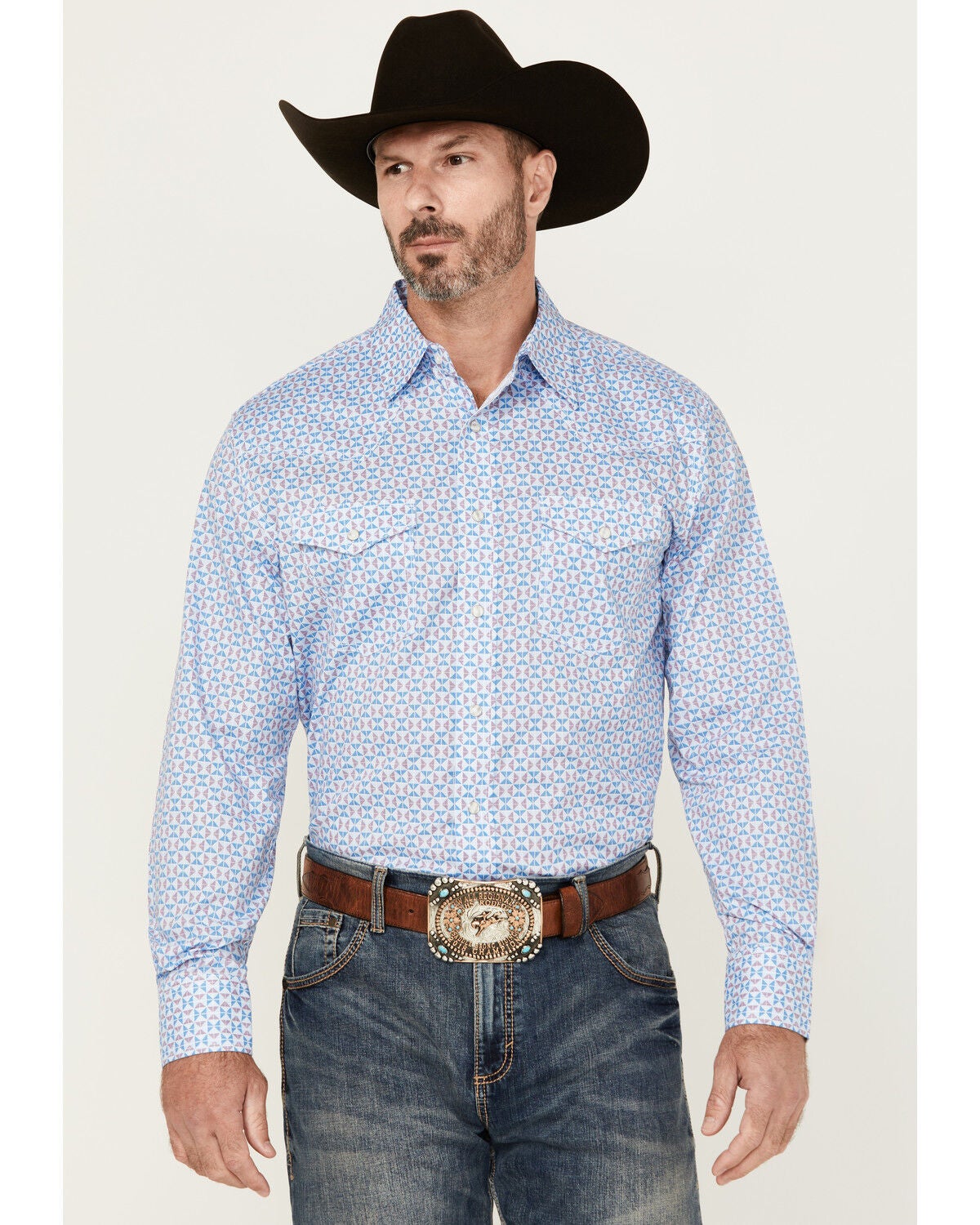 Wrangler 20X Men's Geo Print Long Sleeve Snap Stretch Western Shirt, Blue, hi-res