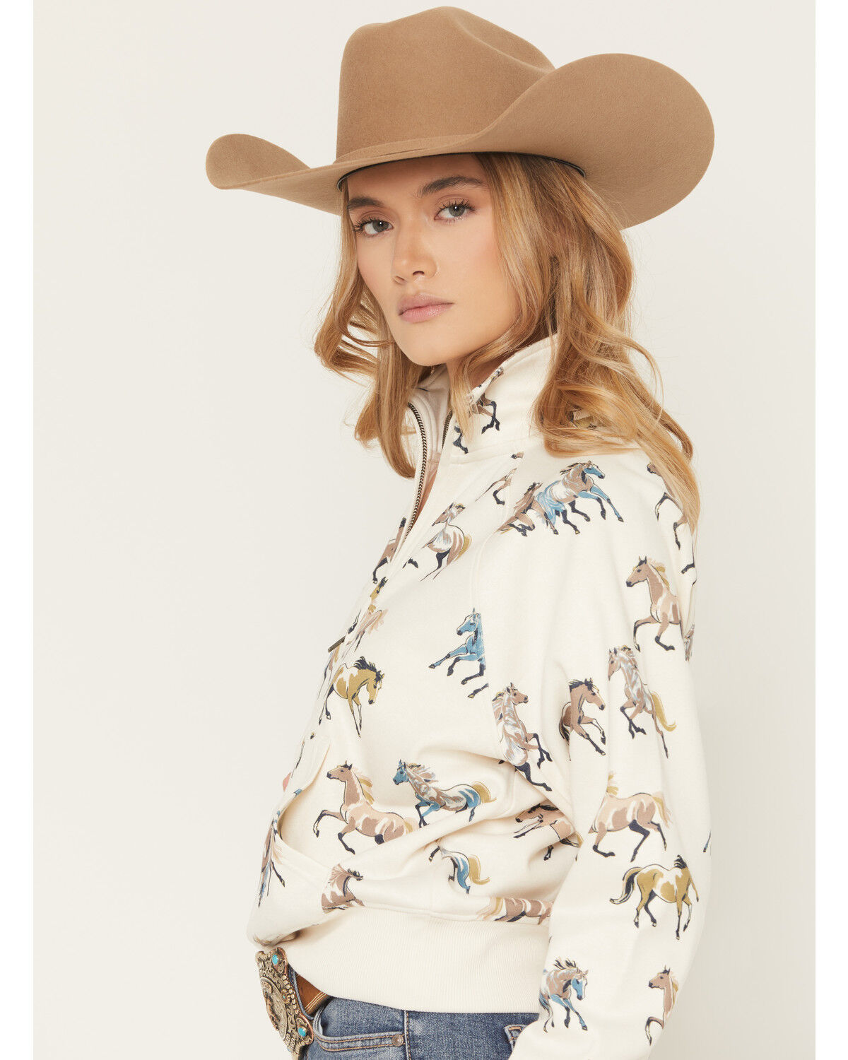 Image #2 - Shyanne Women's Horse Print 1/2 Zip Fleece Pullover, Cream, hi-res