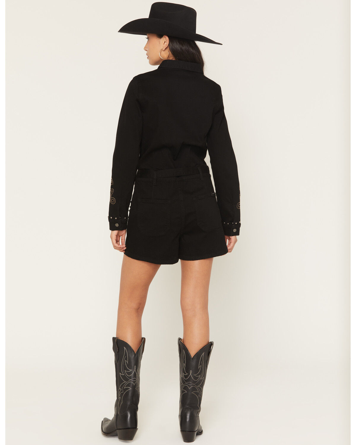 Image #4 - Rock & Roll Denim Women's Western Embroidered Long Sleeve Snap Romper, Black, hi-res