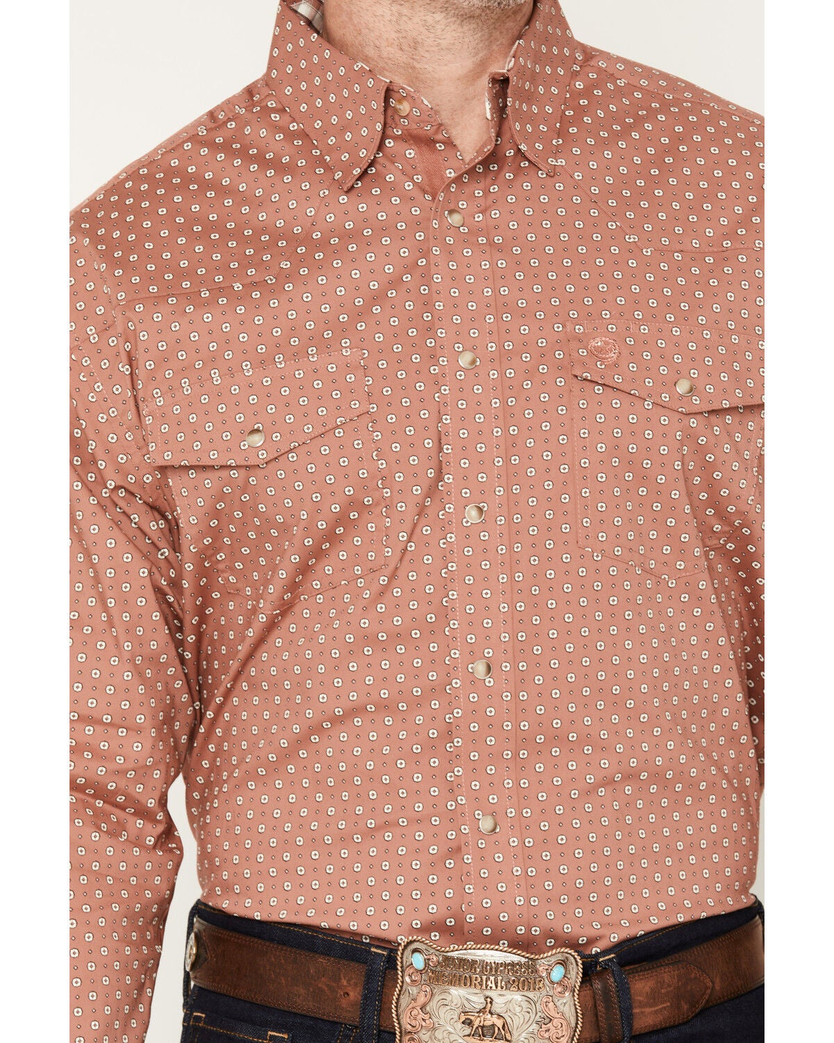 Image #3 - George Strait by Wrangler Men's Geo Print Long Sleeve Snap Stretch Western Shirt, Rust Copper, hi-res