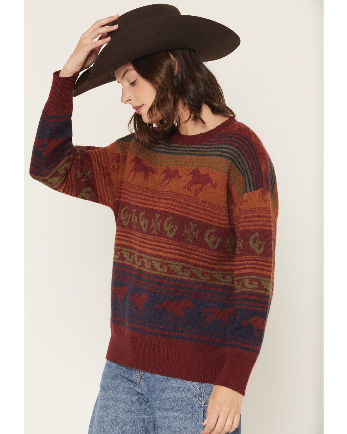 Image #2 - Panhandle Slim Women's Horse Striped Sweater, Rust Copper, hi-res