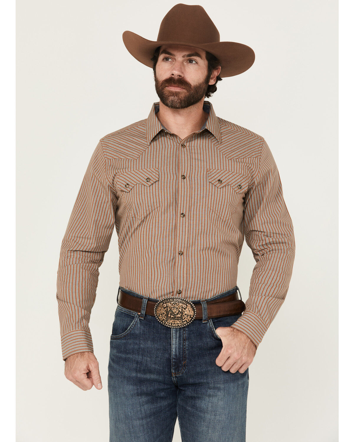 Image #1 - Cody James Men's Tanner Vertical Striped Print Long Sleeve Snap Western Shirt, Tan, hi-res