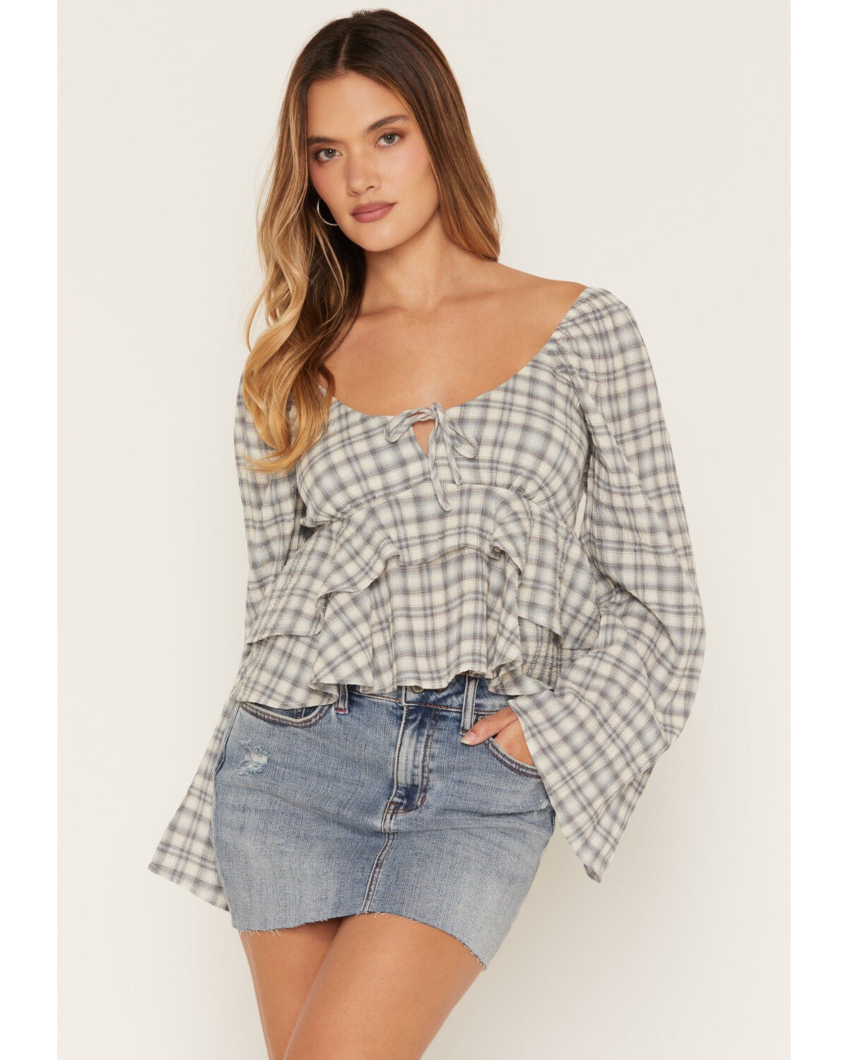 Image #1 - Cleo + Wolf Women's Plaid Print Long Sleeve Peplum Top, Blue, hi-res