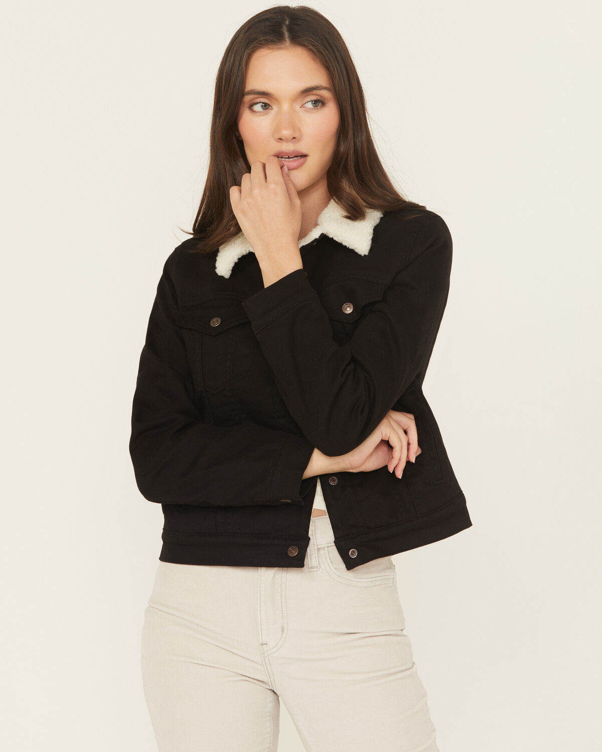 Image #1 - Levi's Women's Original Sherpa Lined Snap Trucker Denim Jacket, Black, hi-res