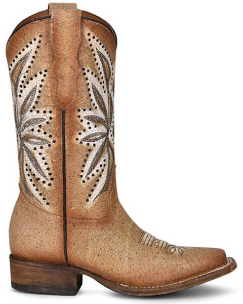 Corral Girls' Straw Embroidery Western Boots - Square Toe, Tan, hi-res