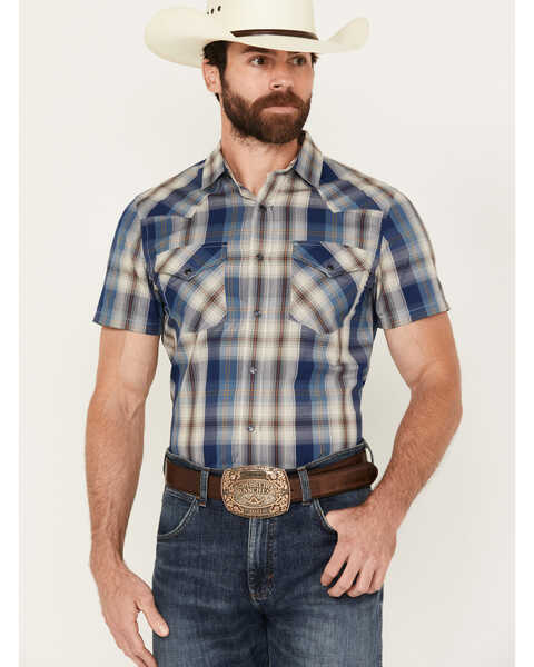 Pendleton Men's Frontier Plaid Print Short Sleeve Snap Western Shirt, Blue, hi-res