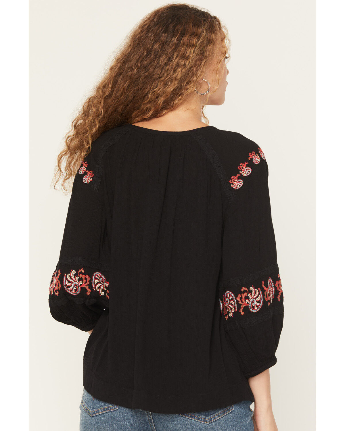Image #4 - Shyanne Women's Gulch 3/4 Sleeve Embroidered Peasant Top, Black, hi-res