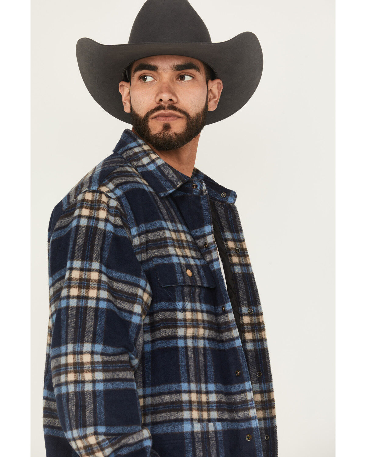 Image #2 - Wrangler Men's Plaid Print Quilt Lined Snap Shirt Jacket, Navy, hi-res