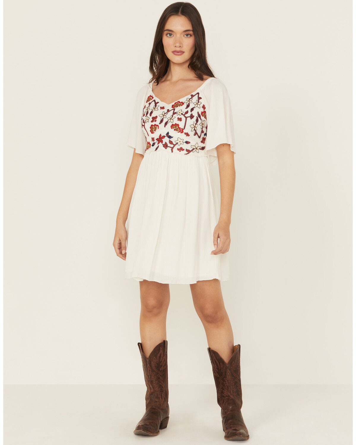 Shyanne Women's Embroidered Crinkle Flutter Sleeve Mini Dress, Ivory, hi-res