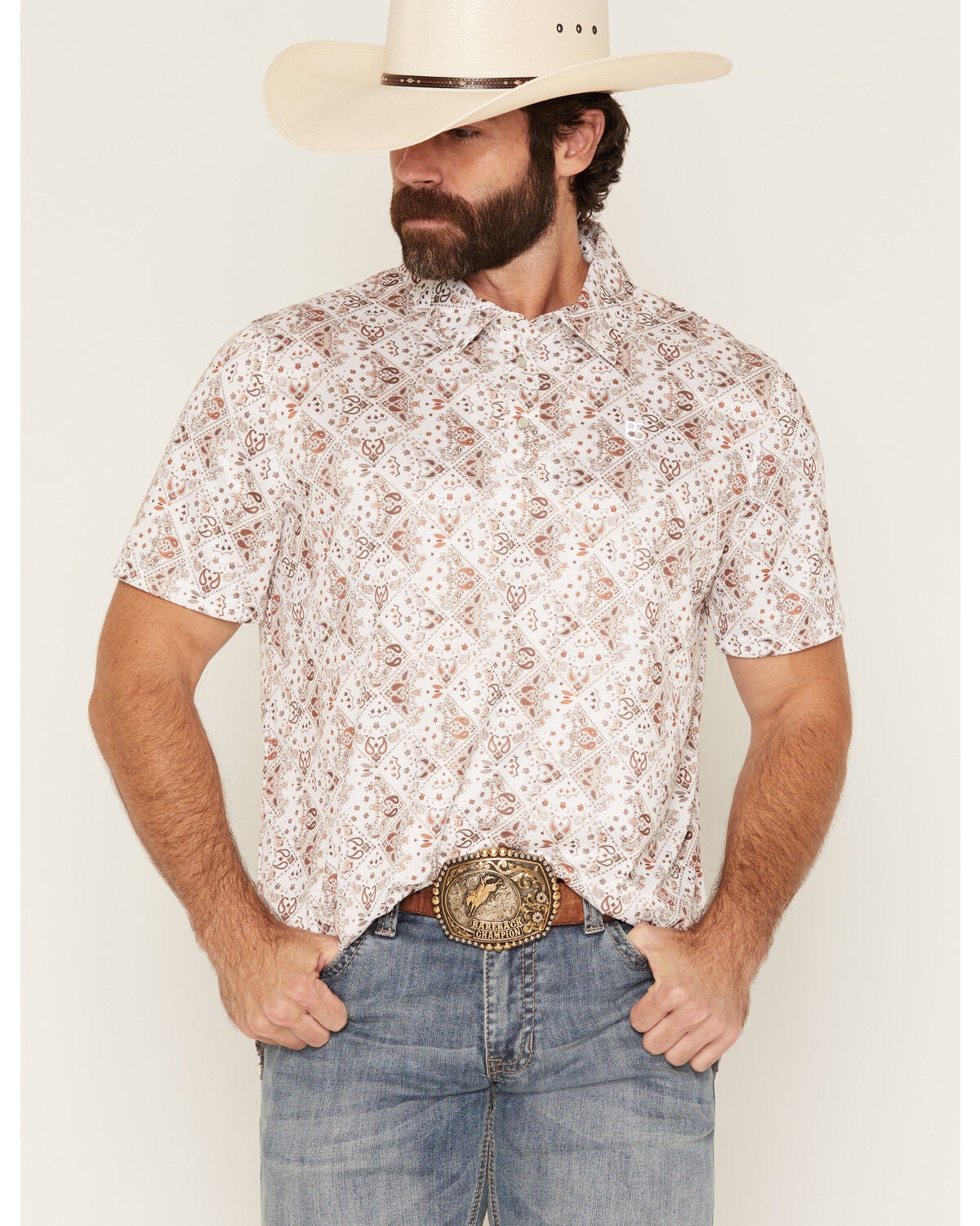 Image #1 - Panhandle Slim Men's Bandana Print Short Sleeve Pearl Snap Performance Polo, Natural, hi-res