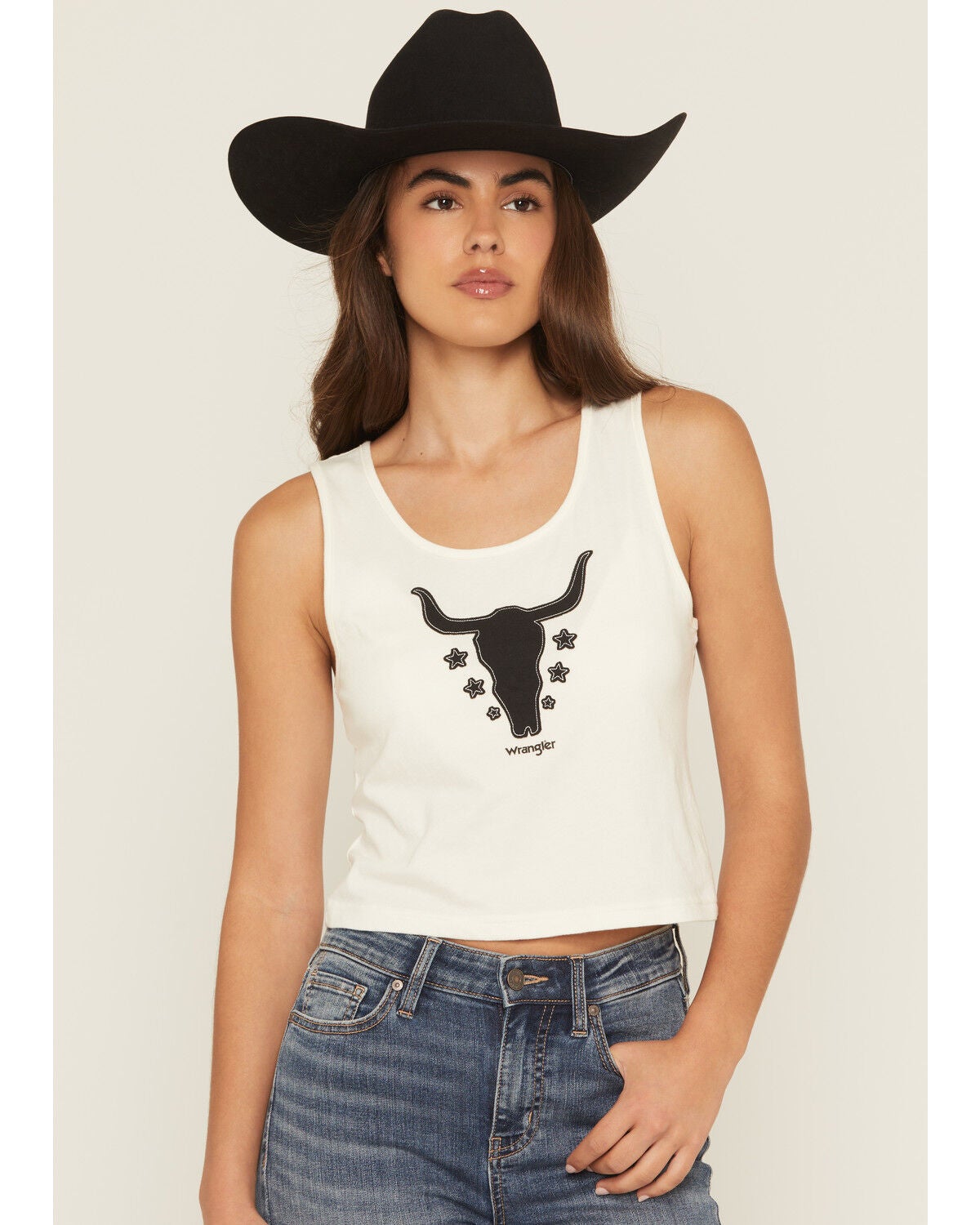 Wrangler Women's Steerhead Sleeveless Cropped Graphic Tank Top, White, hi-res