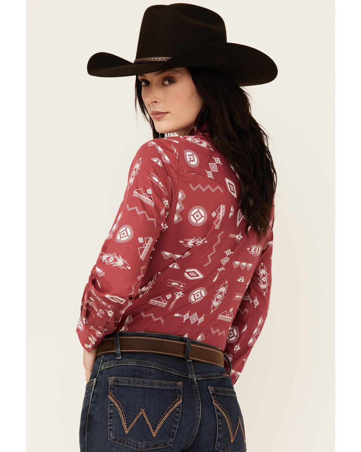 Image #4 - Wrangler Women's Southwestern Print Long Sleeve Pearl Snap Western Shirt, Red, hi-res