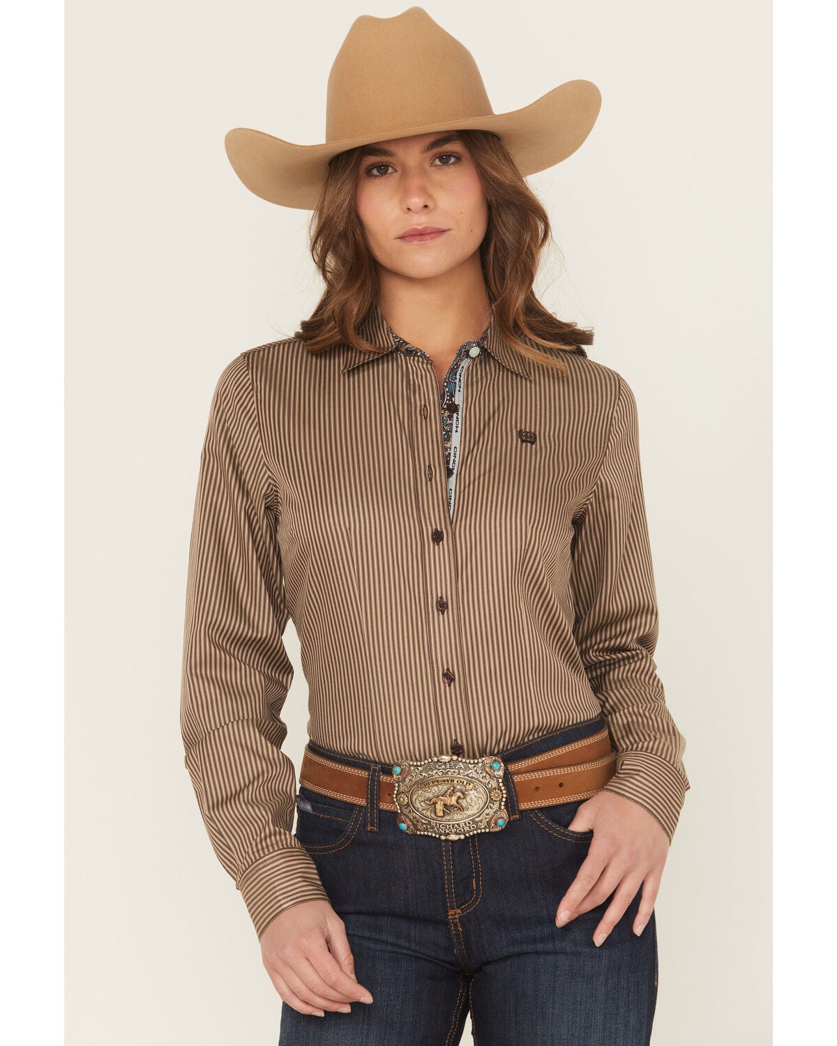 Cinch Women's Striped Print Long Sleeve Button-Down Stretch Western Shirt, Brown, hi-res