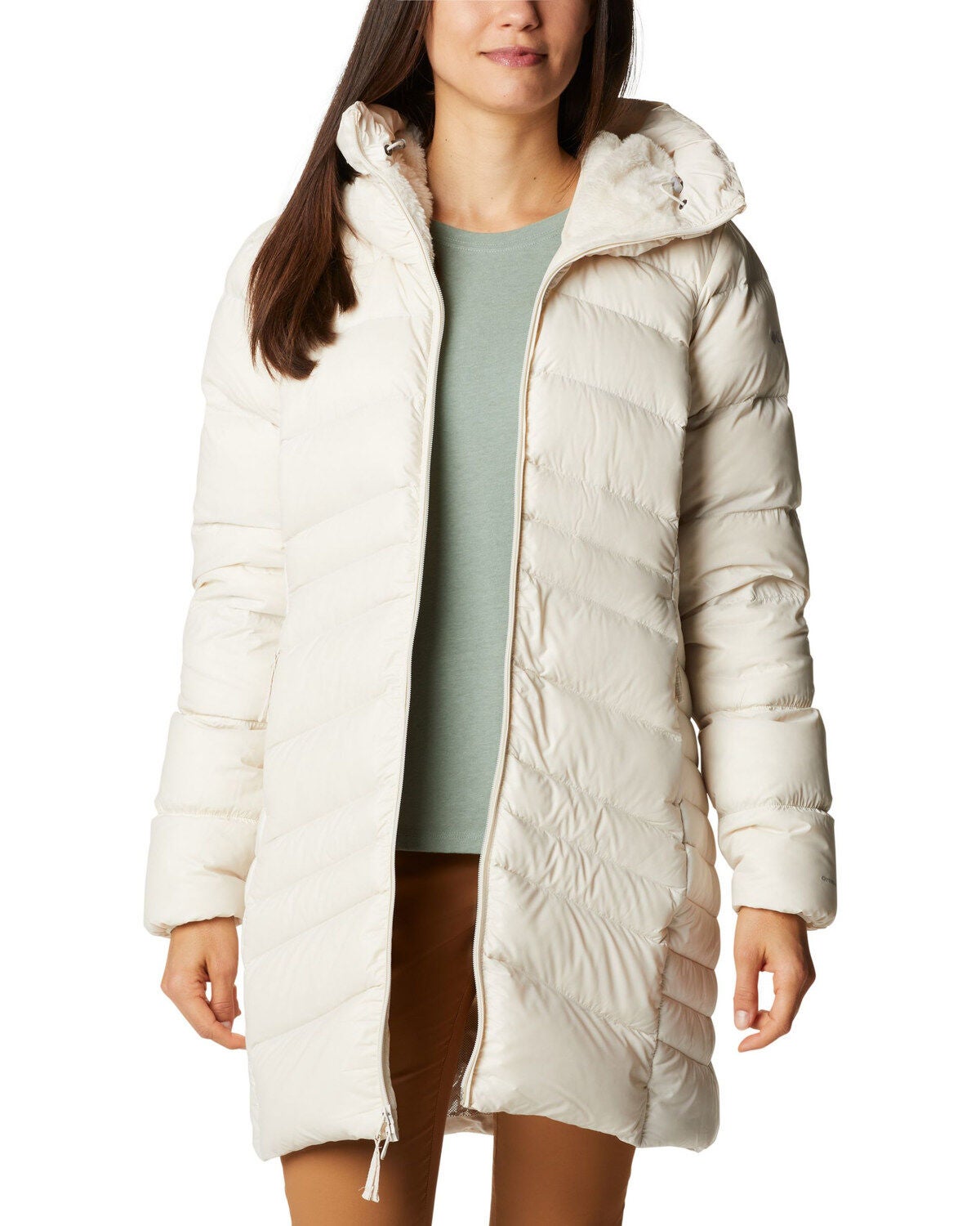 Columbia Women's Chalk Autumn Park Down Hooded Mid Jacket, Tan, hi-res