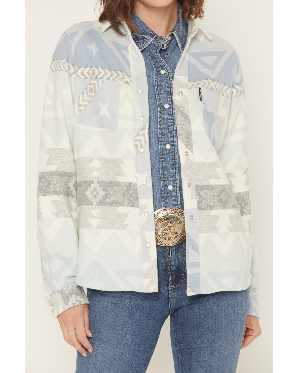 Image #3 - Outback Trading Co Women's Camille Southwestern Print Snap Western Shirt, Light Blue, hi-res