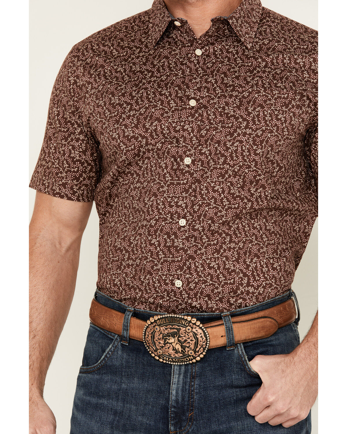 Image #3 - Cody James Men's Festive Floral Short Sleeve Button-Down Stretch Western Shirt, Brown, hi-res