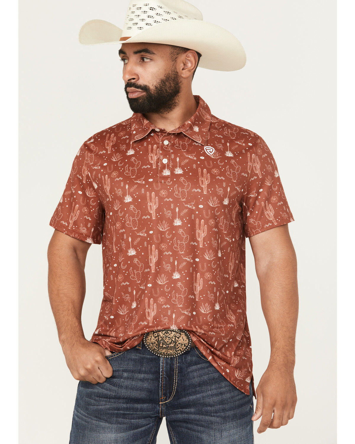 Image #1 - Rock & Roll Denim Men's Cactus Print Short Sleeve Button-Down Polo, Rust Copper, hi-res